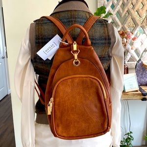 NWT Vegan Leather Backpack - cognac with brass hardware